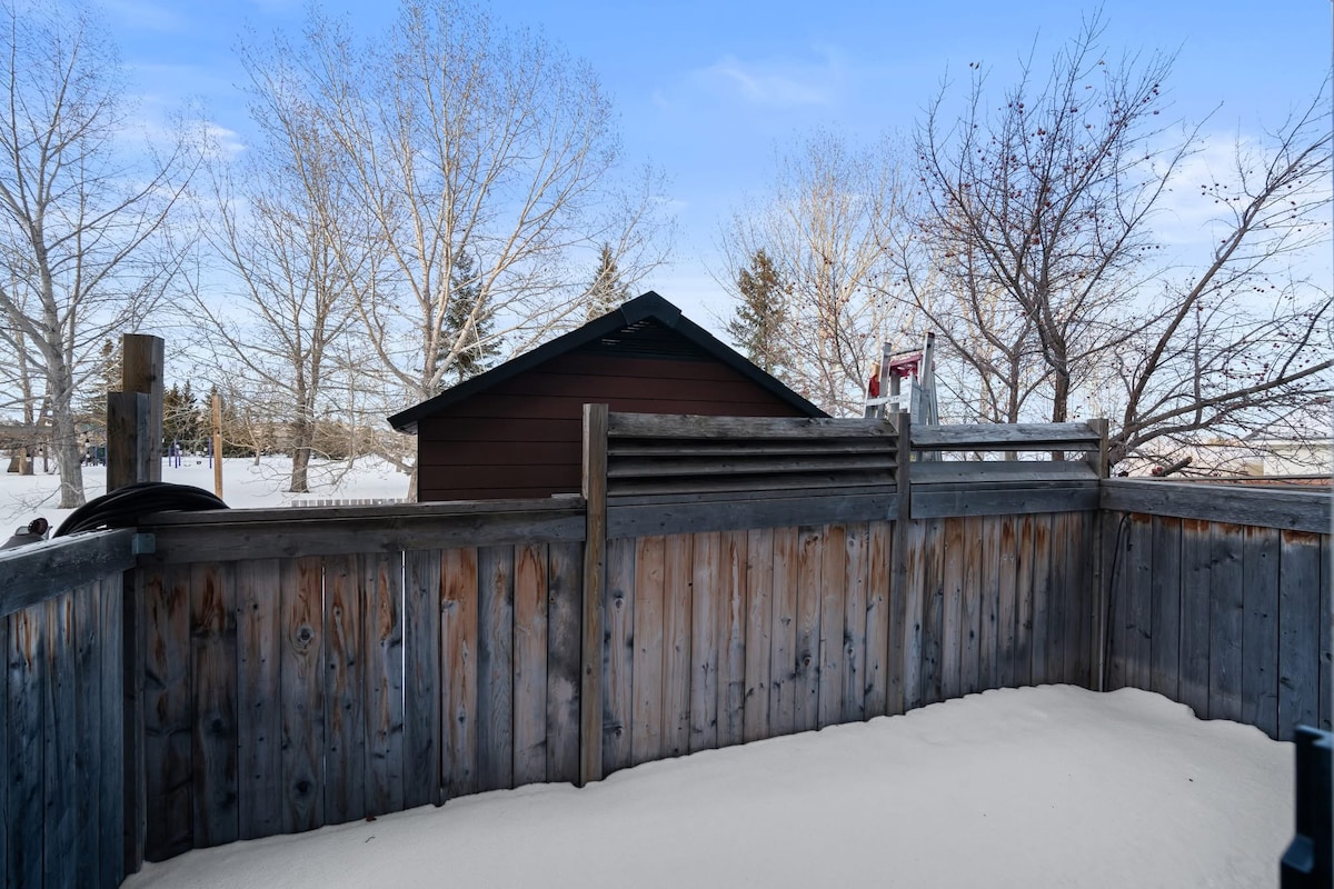 An outdoor area features a wooden fence surrounding a snowy landscape. Bare trees are visible in the background, alongside a small shed. The ground is covered in white snow, creating a calm and serene environment.