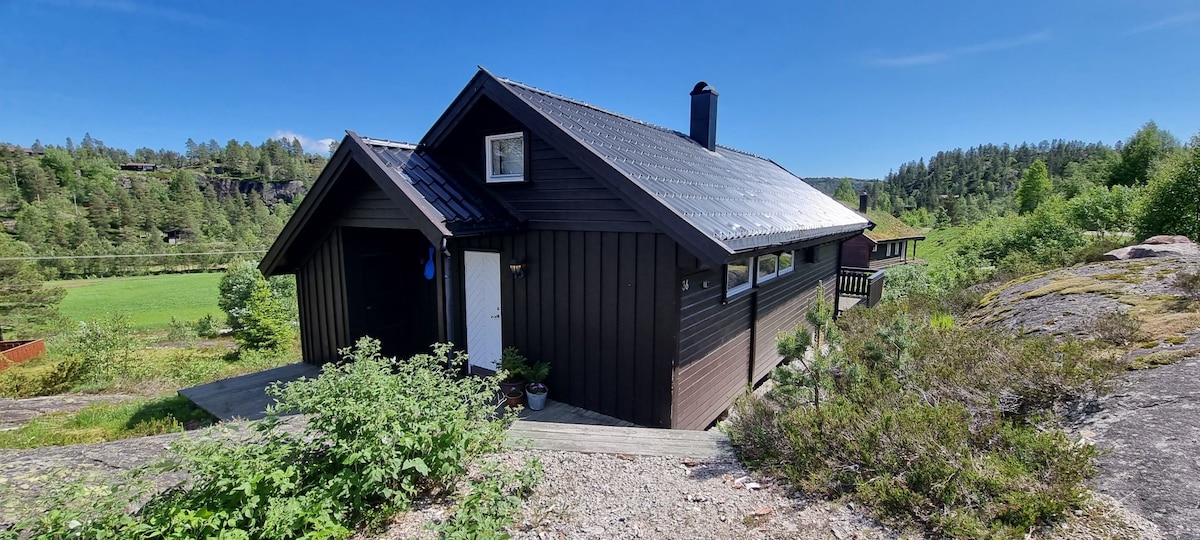 The exterior of a cozy cabin is displayed, featuring dark wood siding and a metal roof. Surrounding greenery and rocky terrain enhance the natural setting. A pathway leads to the entrance, while windows allow for ample natural light. The cabin is positioned against a backdrop of trees and hills.