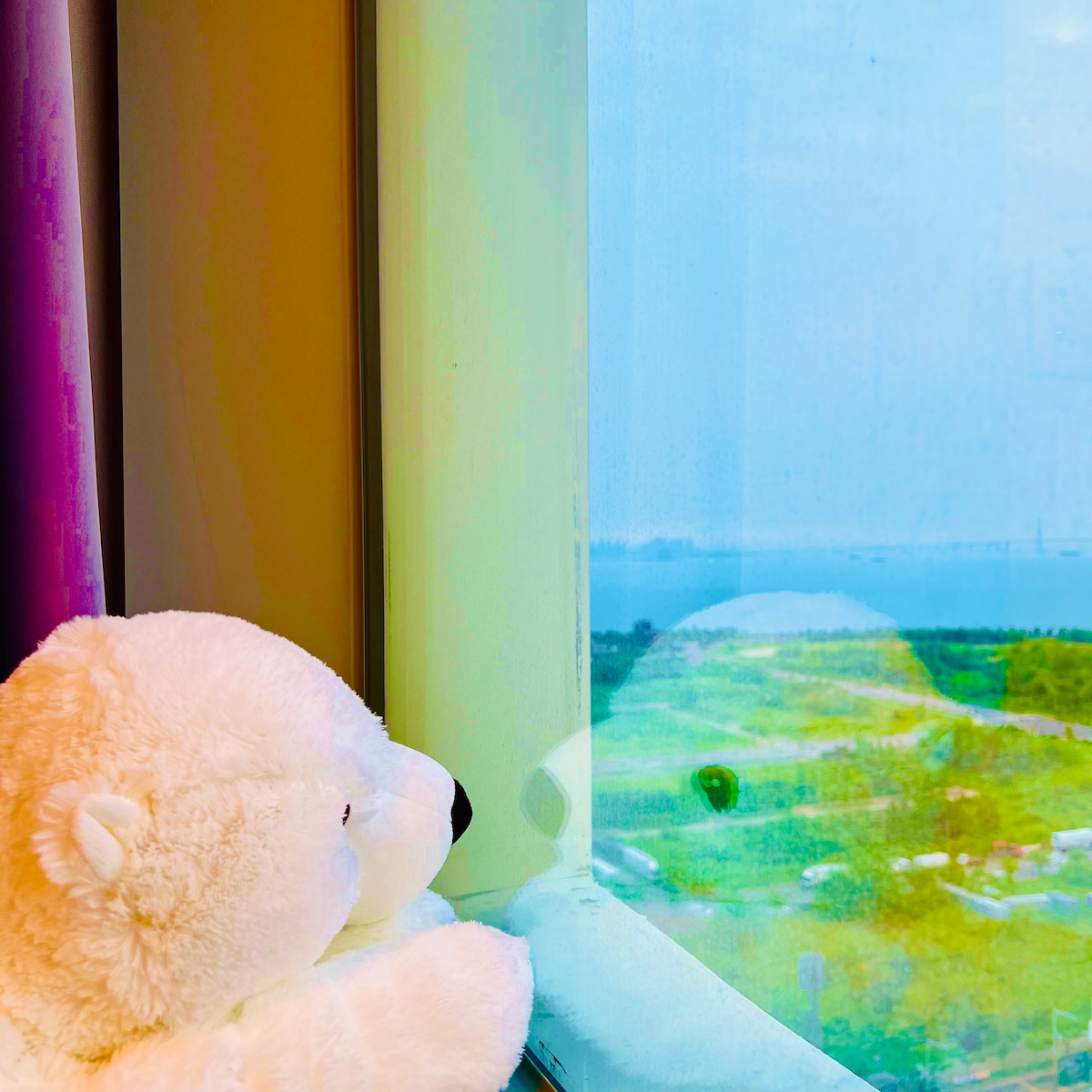 A soft white teddy bear sits on a windowsill, gazing out at a view of the ocean and greenery. The glass reflects light, while the scene beyond reveals a blend of water and land under a muted sky.