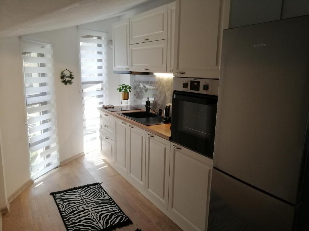 A modern kitchen area features white cabinetry and sleek black countertops. Stainless steel appliances include a refrigerator and an oven, while a small indoor plant adds a touch of greenery. Natural light enters through two patterned windows, illuminating the light wooden flooring.