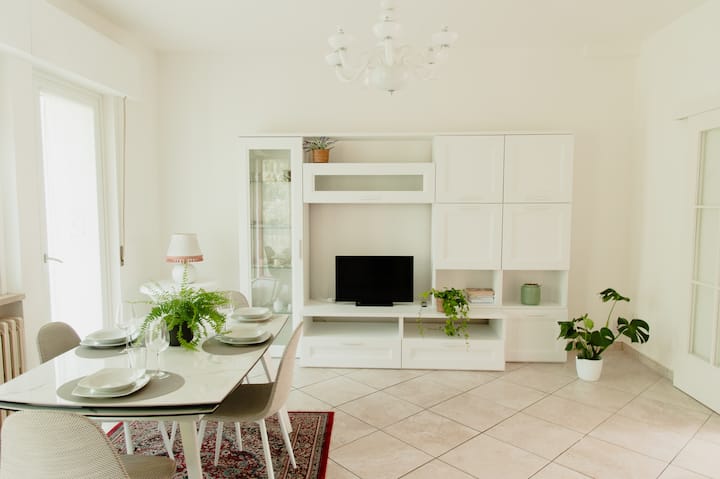 客厅明亮，可直接通往阳台。 房间配有空调/热水器、电视、免费无线网络、装饰精美的大理石餐桌、双人沙发床和带书籍、指南和小册子的学习角落。