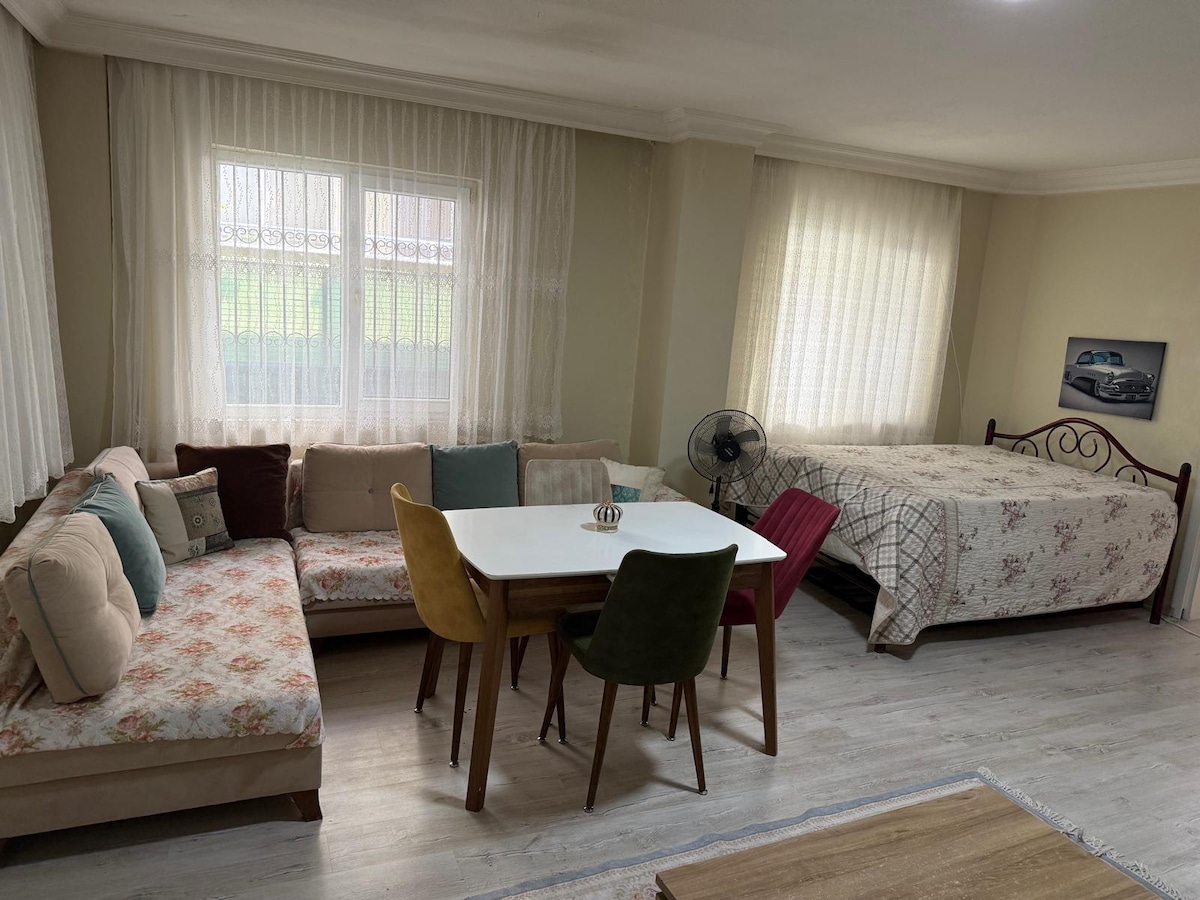A bright living space features a cozy seating area with a floral sofa. A dining table with colorful chairs is positioned in the center. A spacious bed is situated in the corner, with natural light filtering through sheer curtains adorning the windows.