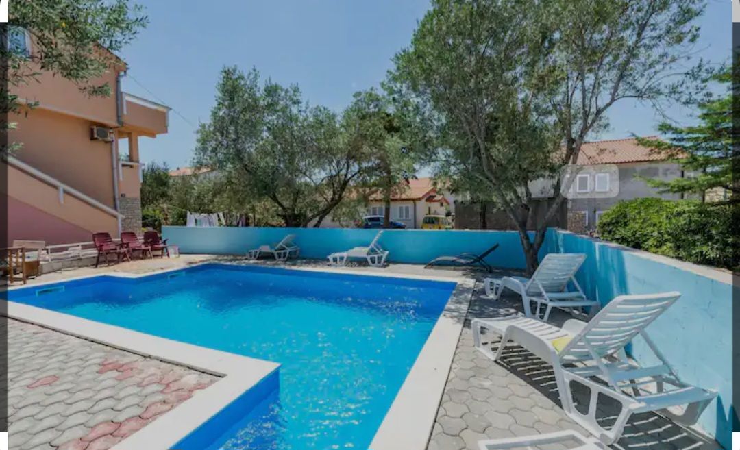 A spacious outdoor area features a clear blue swimming pool surrounded by loungers. Olive trees provide some shade nearby, and a patio area with seating is visible. The walls are painted in a vibrant blue, creating a refreshing atmosphere for relaxation.