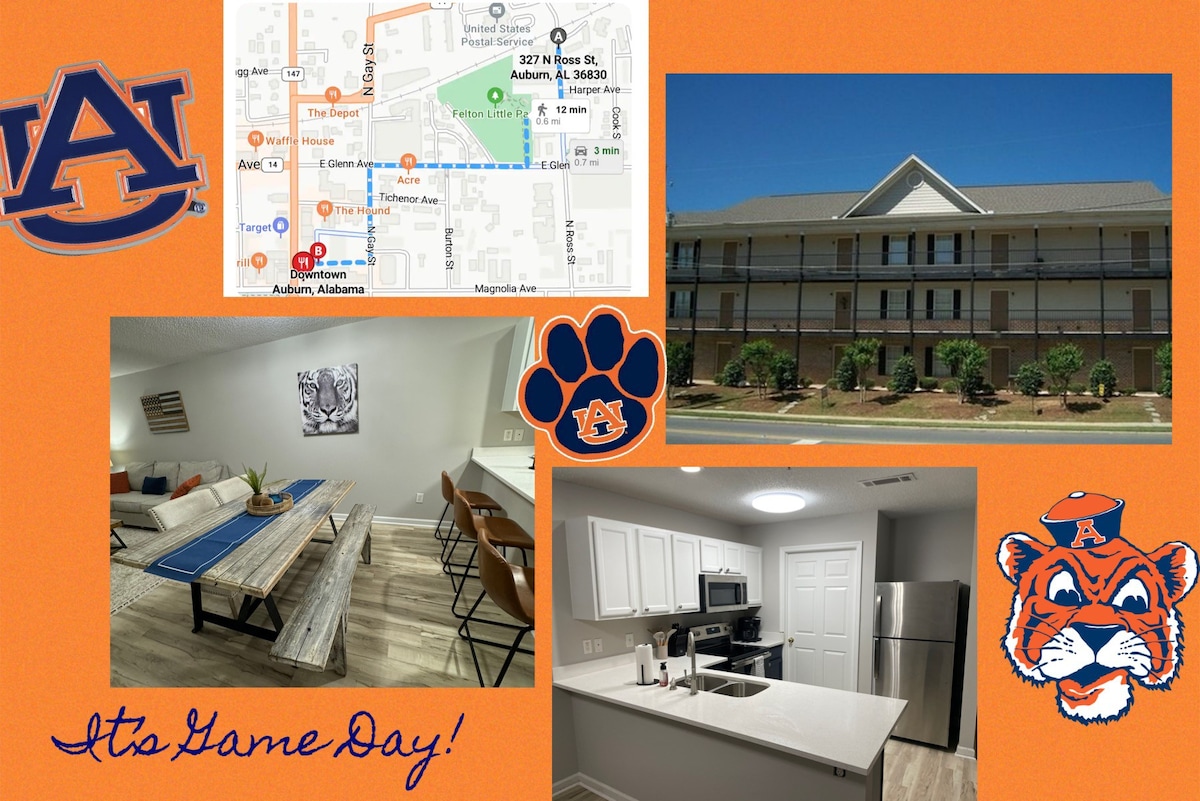 An exterior view of a two-story apartment building showcases a welcoming façade with multiple windows and a well-maintained landscape. Images of a map and Auburn-themed graphics highlight the location's convenience for fans. A cozy dining area and modern kitchen with sleek appliances are also presented.