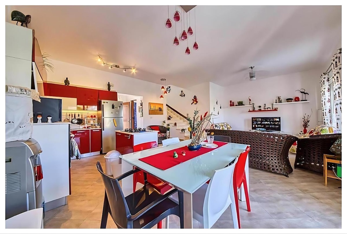 A modern kitchen and dining area feature sleek red cabinets and stainless-steel appliances. A glass dining table is surrounded by colorful chairs. Decorative elements are positioned throughout the space, with natural light illuminating the room from large windows.