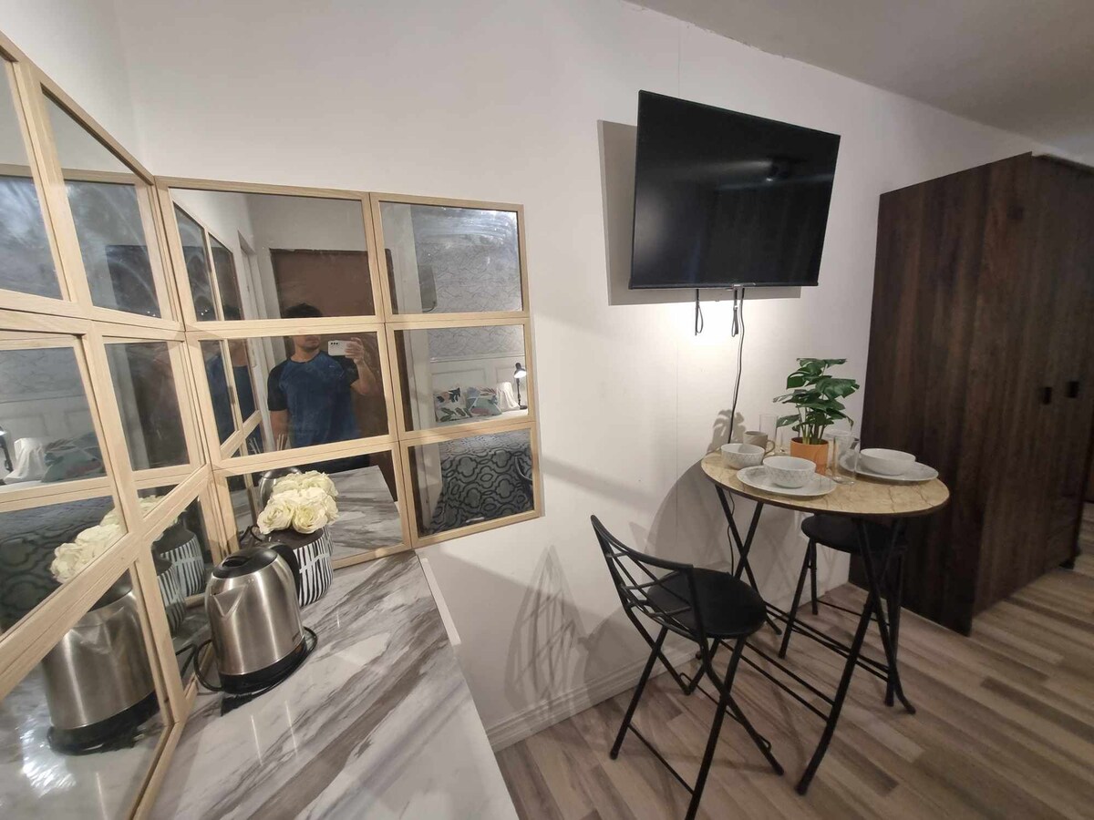 A small dining area is presented with a round table and two black chairs, complemented by a potted plant. A wall-mounted television is visible alongside a mirrored panel reflecting the space. Kitchen appliances, including a kettle, are arranged on a marble countertop.