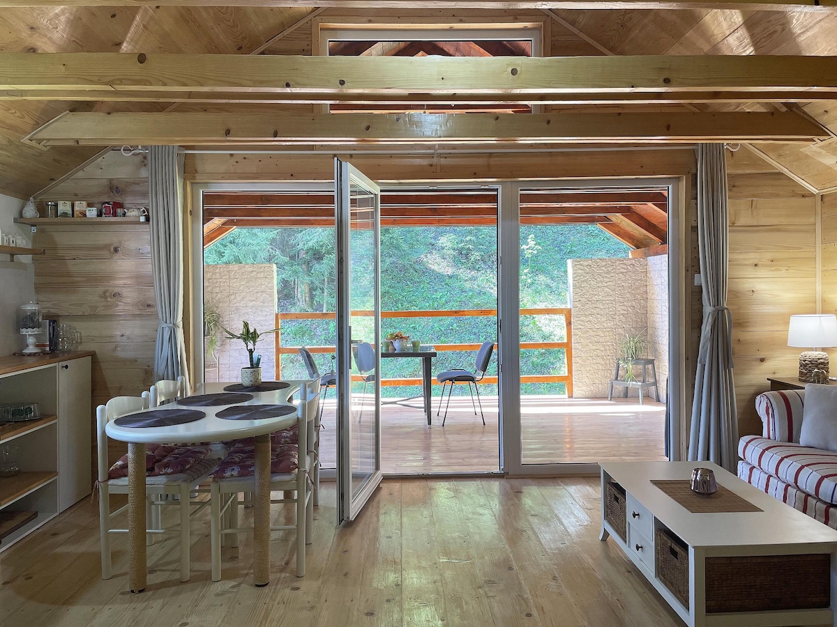 A light-filled interior features wooden paneling and a cozy seating area. A dining table is set for four, and large glass doors provide access to a spacious deck with outdoor chairs and tables. Natural light enhances the warm atmosphere.