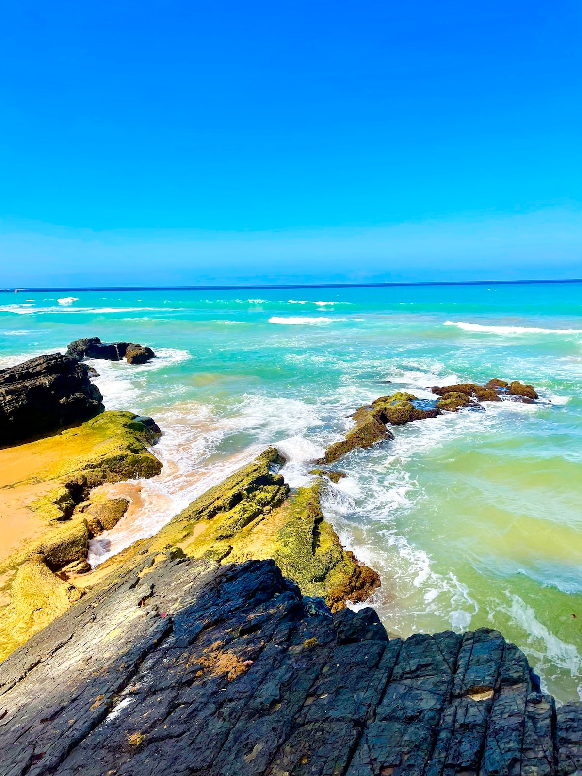 The image captures a vibrant beach scene, where gentle waves lap against rugged, moss-covered rocks. The ocean displays varying shades of turquoise under a clear blue sky, creating a tranquil coastal atmosphere.