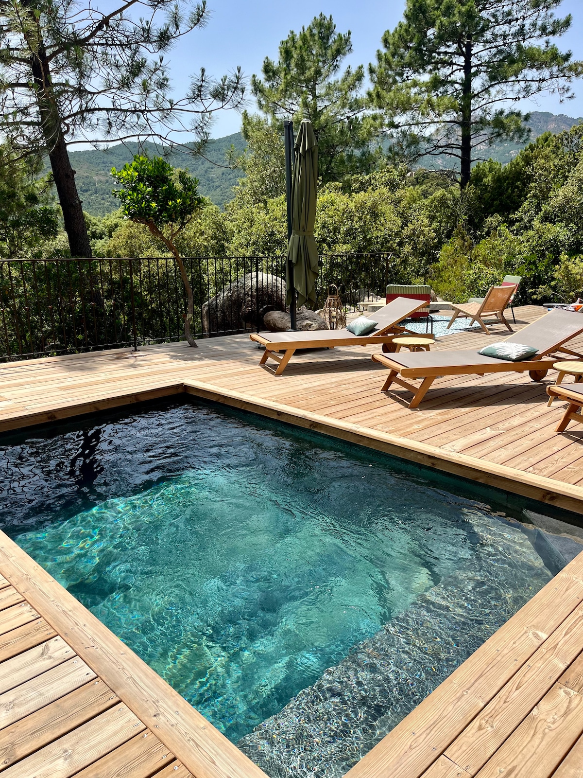 A private stone pool is surrounded by wooden decking, featuring lounge chairs positioned for relaxation. Tall trees and lush greenery provide a serene backdrop, while a sun umbrella offers shade. The clear water of the pool reflects the blue sky and surrounding nature.