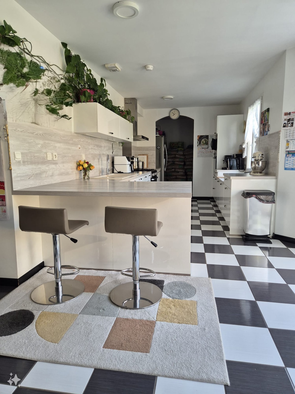 A modern kitchen features a polished countertop with two contemporary bar stools. Natural light brightens the space, highlighting plants adorning the walls. A checkered floor pattern adds visual interest, while appliances are thoughtfully arranged for convenience.
