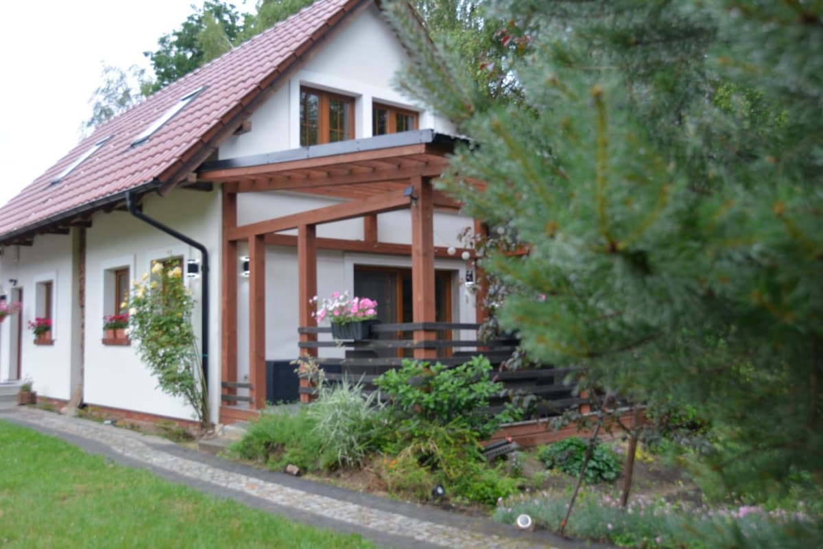 A charming two-story house is surrounded by greenery, featuring a wooden porch with flower boxes. The facade showcases large windows under a gabled roof, while a stone pathway leads to the entrance, integrating the home with its lush natural setting.