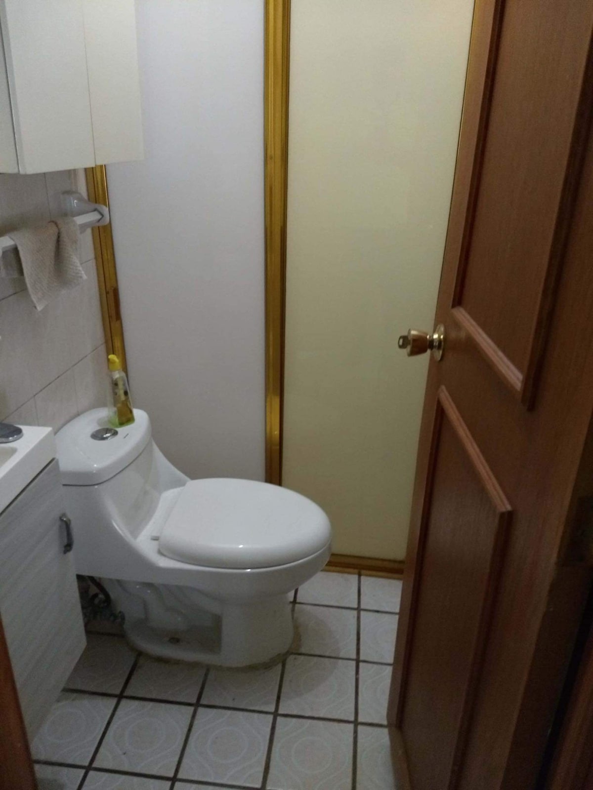 A compact bathroom features a white toilet and a glass shower enclosure. Light-colored tiles adorn the floor and walls, and a small shelf is mounted above for toiletries. A wooden door allows for privacy while adding warmth to the space.