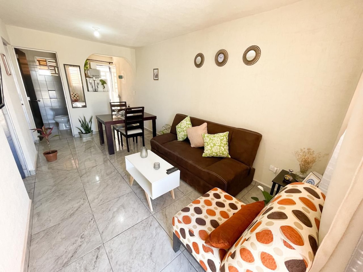 A cozy living area features a brown sofa adorned with colorful cushions, a small white coffee table, and a dining table with four chairs. Light-colored walls enhance the space, and two decorative wall frames add character. Natural plants are placed strategically, contributing to a calm ambiance.