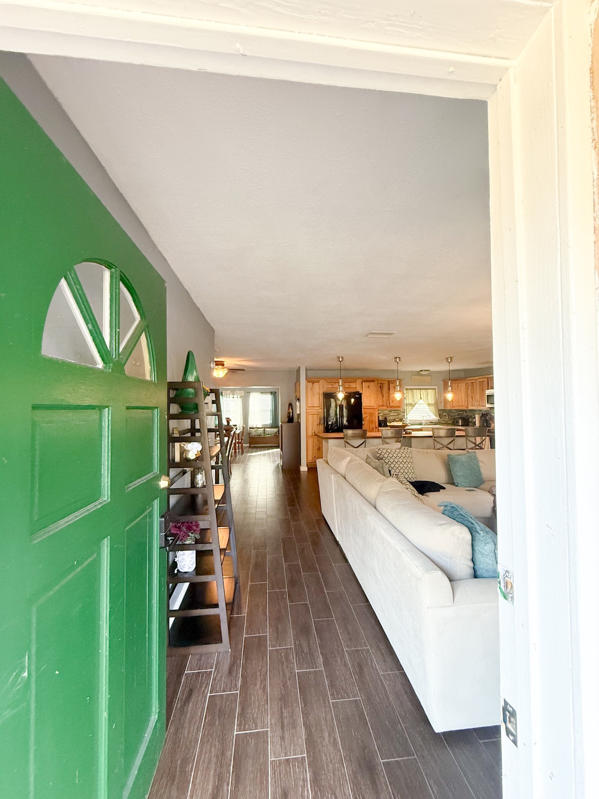 The entryway features a vibrant green door that opens to a hallway leading to a spacious living area. Soft, neutral tones are apparent in the decor, while natural light illuminates the wood-style flooring. A bookshelf is positioned to the left, enhancing the inviting atmosphere.