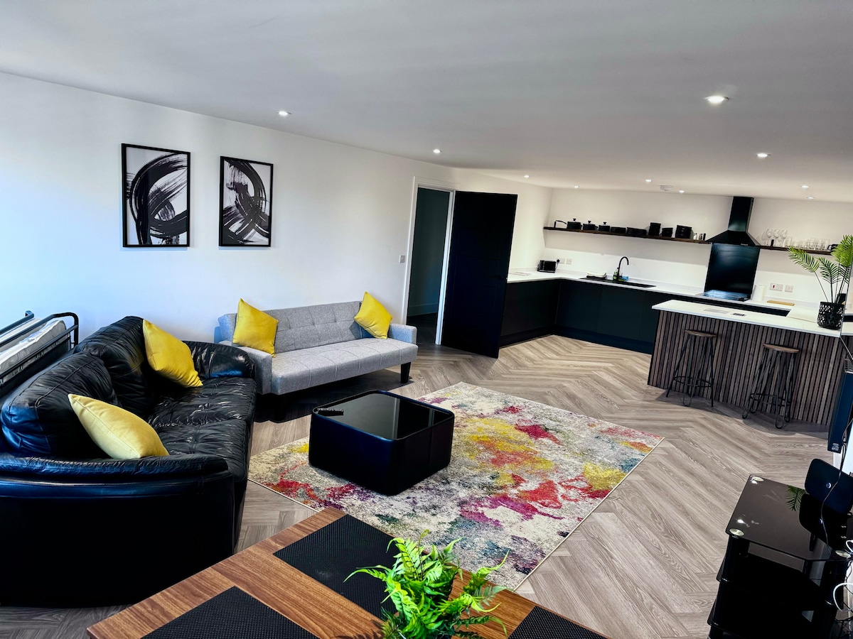 A bright and open living area features a plush gray sofa paired with a sleek black leather couch. A colorful area rug lies on the floor, while a modern kitchen is equipped with dark cabinetry and light countertops. Natural light fills the space from multiple sources.