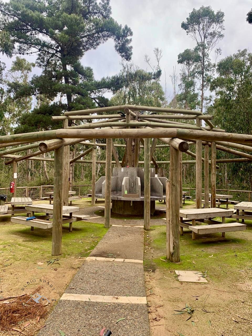 An outdoor gathering space is framed by wooden beams, offering several tables and benches arranged around a central grill. The ground is covered with greenery, and tall trees provide a natural backdrop, enhancing the peaceful setting ideal for family gatherings.