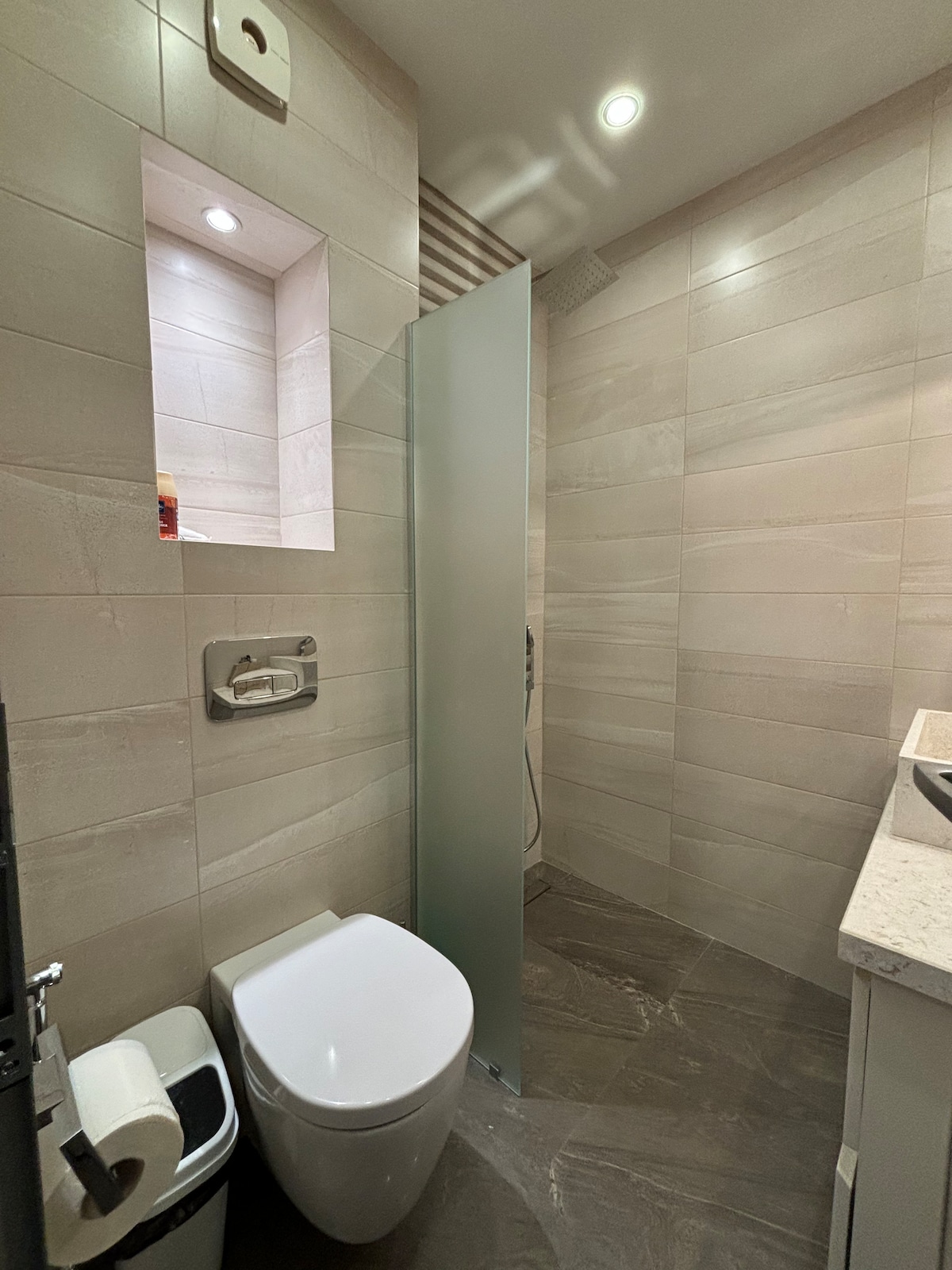 A modern bathroom is shown, featuring neutral tiled walls and a spacious walk-in shower enclosed by glass. A sleek toilet is positioned adjacent to a small waste bin. A sink with a countertop provides practical functionality, with soft lighting highlighting the clean design.