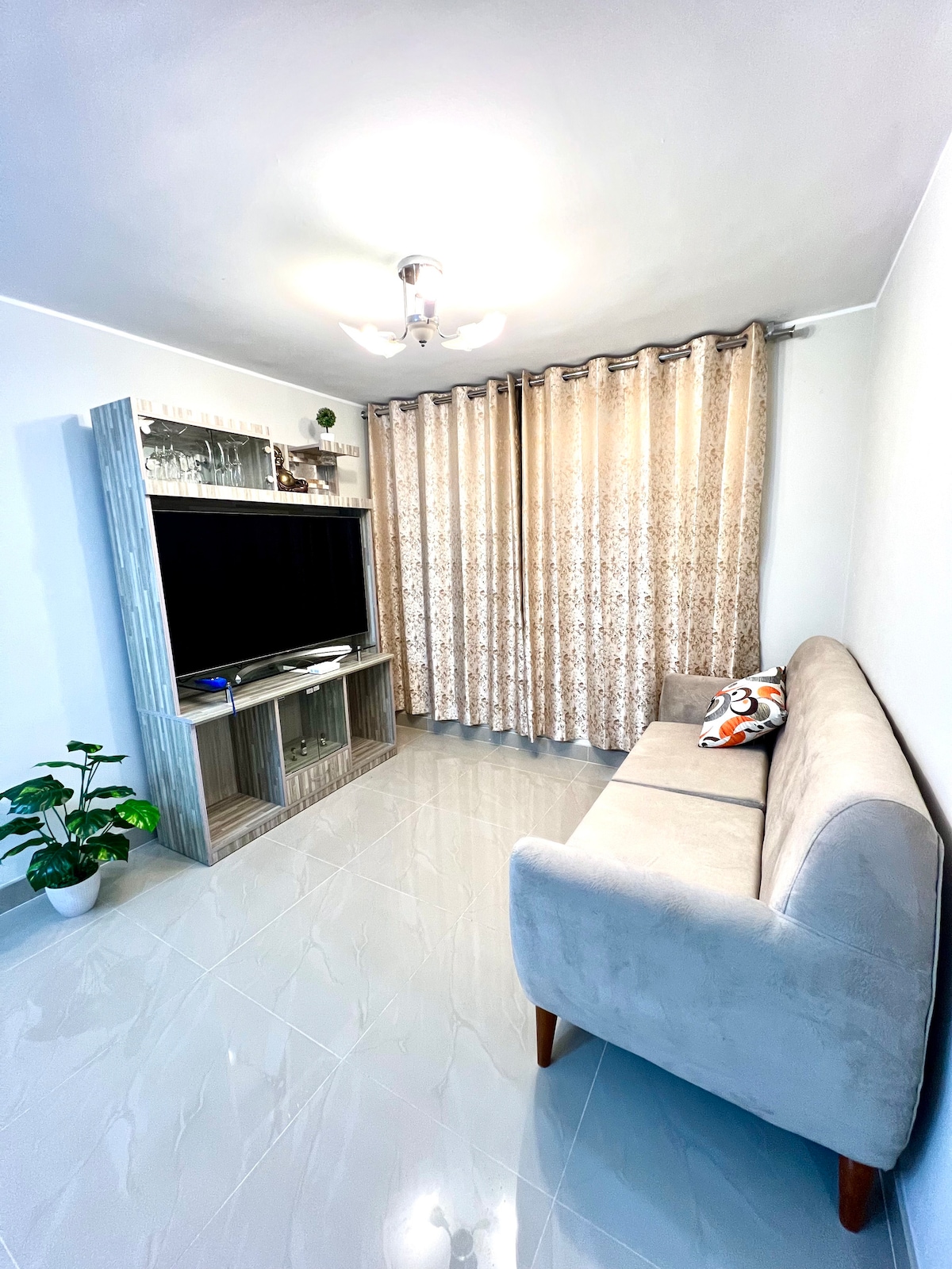 A living area features a light grey sofa positioned beside a wooden entertainment unit with a large television. Soft beige curtains frame the window, allowing for natural light. A small potted plant adds a touch of greenery to the space.