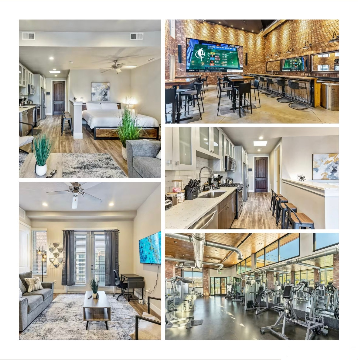 Open concept space features a living area with a comfortable sofa and a large flat-screen TV. Wooden floors extend throughout, complementing brick accents on the walls. The kitchen area showcases modern appliances and a dining space with bar stools, while a well-equipped gym is visible in the background.