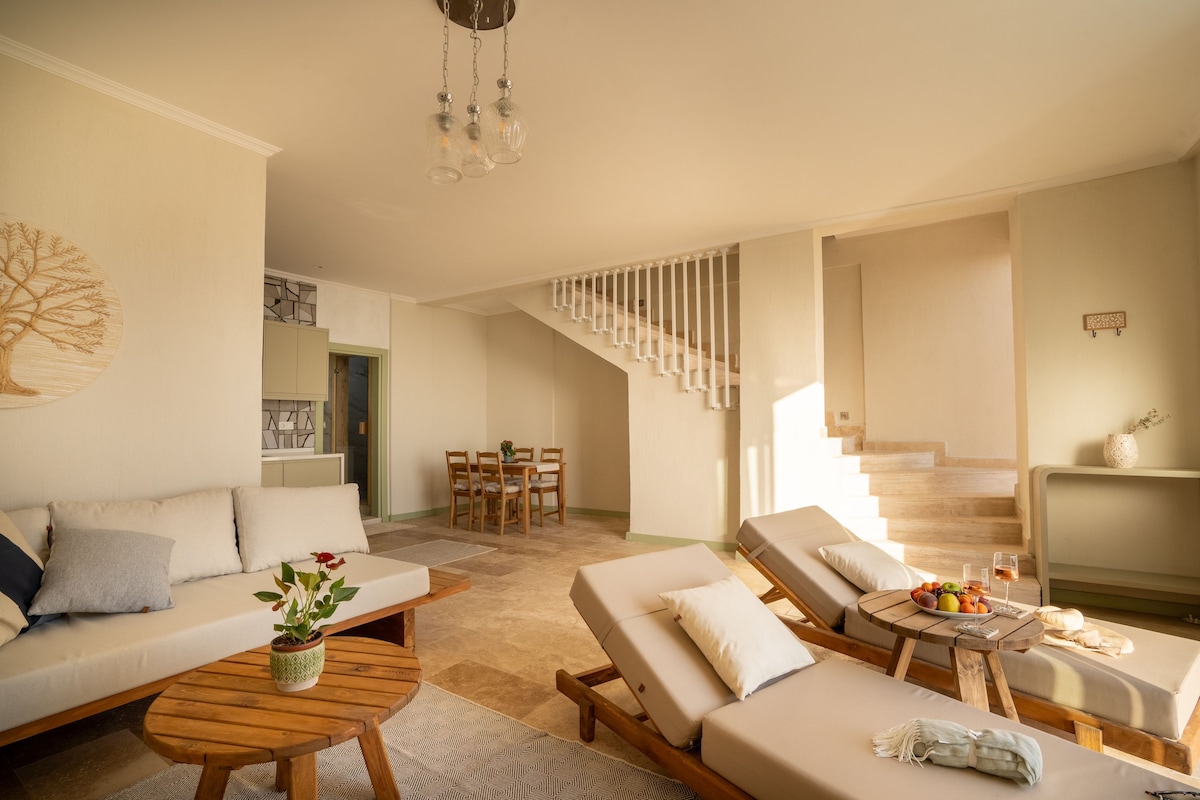 A spacious living area features modern furniture, including comfortable lounge chairs and a wooden coffee table adorned with fresh fruits. Light streams in from the large window, illuminating the neutral-toned walls, while an inviting dining space is visible in the background.