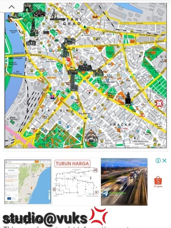 A detailed map of Belgrade is displayed, highlighting various landmarks and the layout of the city. Transportation routes and parks are marked, providing essential information for navigating the area. Insets feature data on public transport options and nearby attractions.
