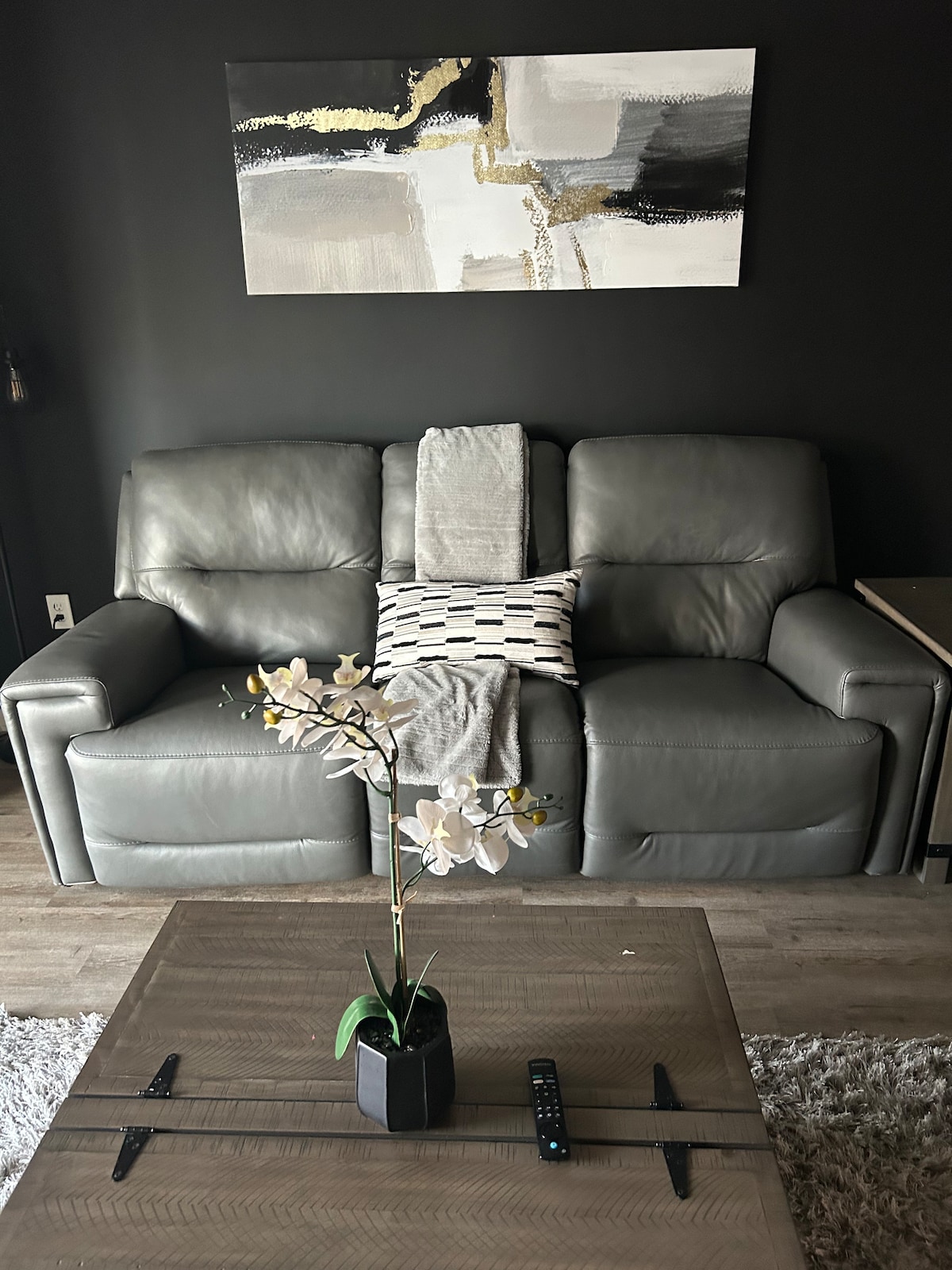 A comfortable seating area is highlighted by a grey leather sofa adorned with a textured throw and decorative pillow. A low coffee table features a minimalist vase with an orchid and a remote control, complementing the modern artwork on the wall above.