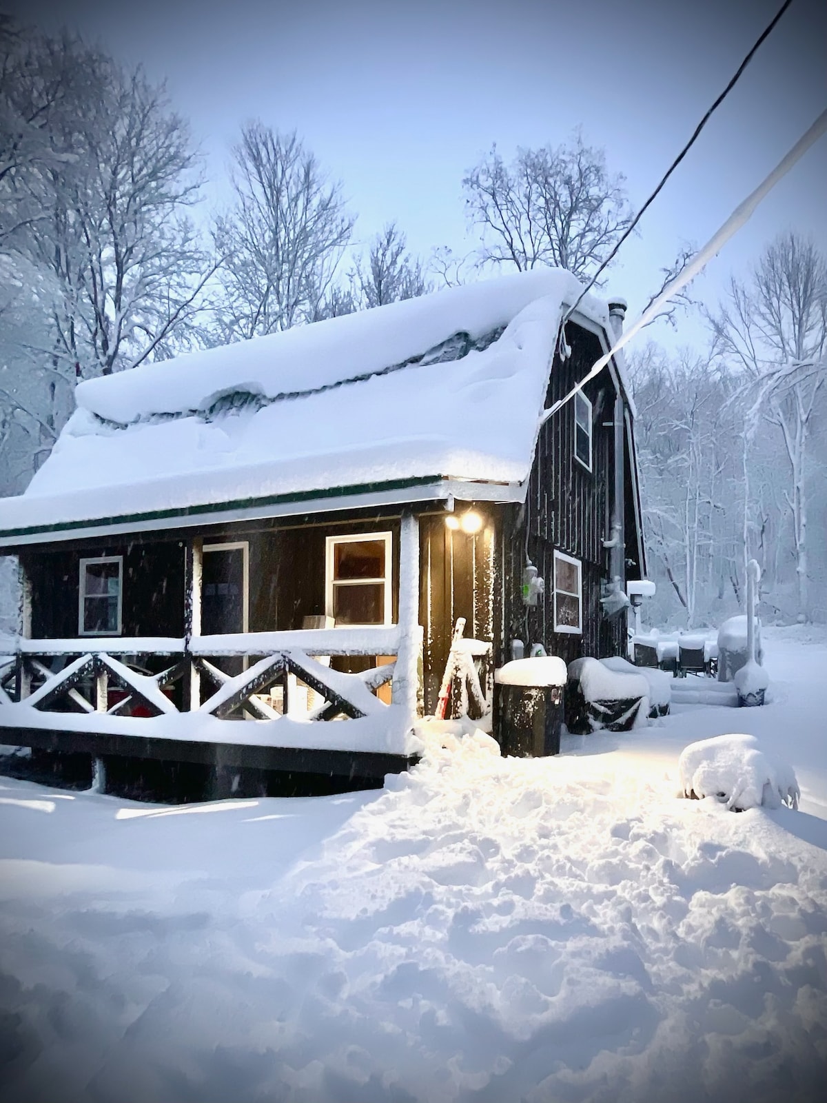 A quaint cottage is covered in a thick blanket of snow, with a sloped roof and exposed wooden beams. Soft light glows from a ground-level lamp, illuminating the snow-dusted porch. Surrounding trees are blanketed in white, enhancing the serene winter landscape.