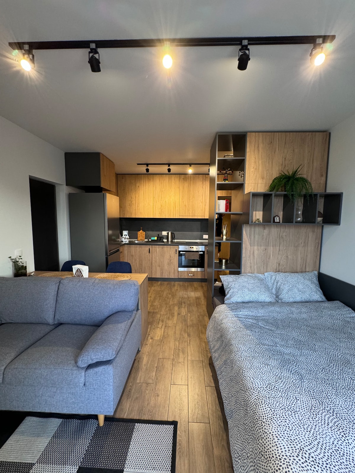 A modern open-concept living space is depicted, featuring a gray couch and a bed with a patterned blanket. The kitchen area showcases wooden cabinetry, black appliances, and a small dining table. Soft lighting highlights the warm tones of the furnishings.
