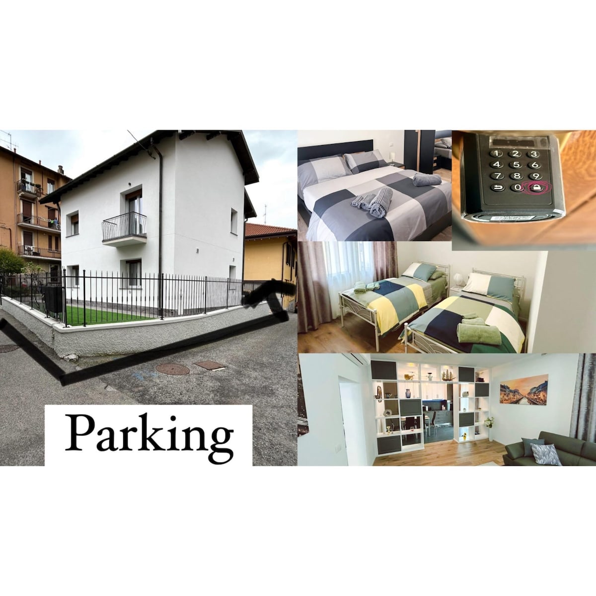 The exterior of the apartment features a designated parking area marked by a fence. The interior showcases a sleeping space with neatly arranged beds and soft linens. A modern keypad lock is visible, enhancing security. A cozy living area includes a contemporary shelving unit and a comfortable sofa.