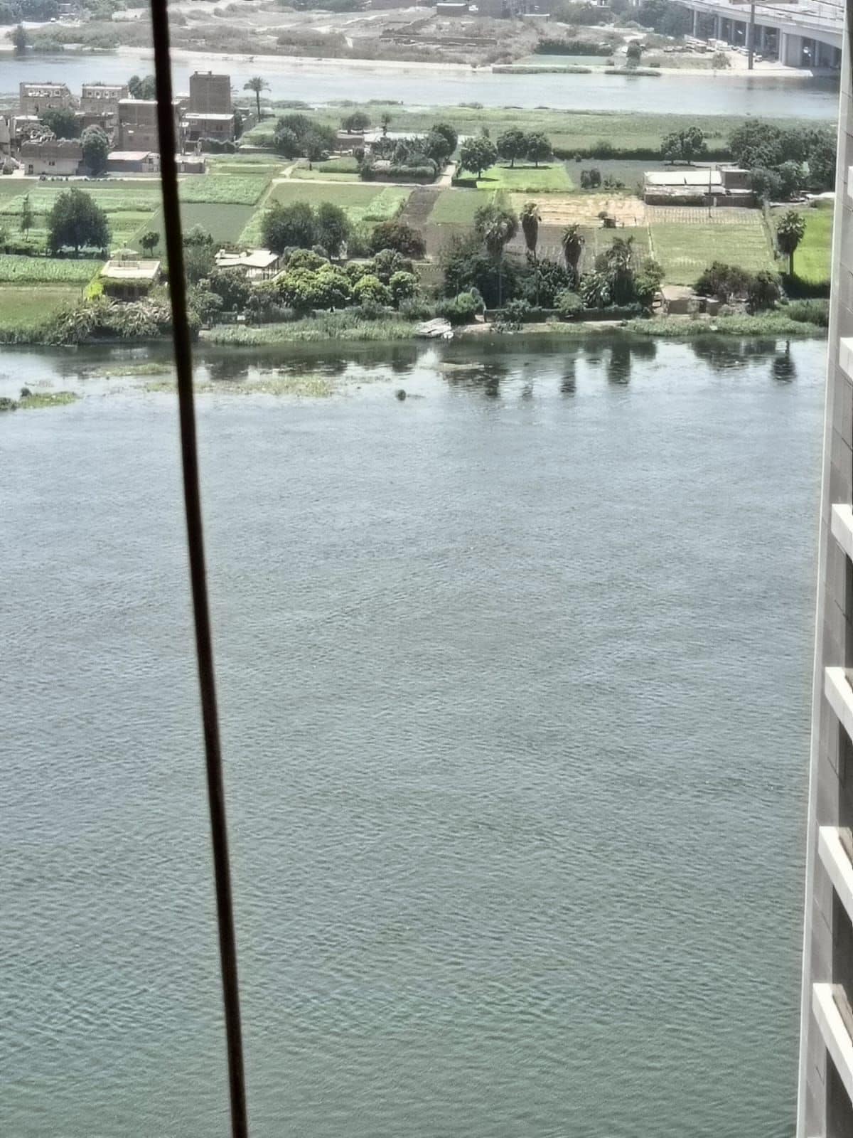 A view of a serene river stretching across the foreground, bordered by lush green vegetation. Fields and structures can be seen along the opposite bank, with palm trees interspersed throughout the landscape, contributing to a tranquil natural environment.