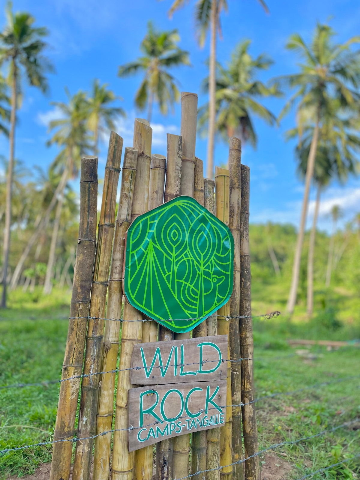 A natural wood sign, crafted from bamboo and featuring a green logo, identifies the entrance to Wild Rock Camps Tangalle. Lush greenery and tall palm trees form the backdrop, under a bright blue sky, highlighting the campsite's serene and forested setting.