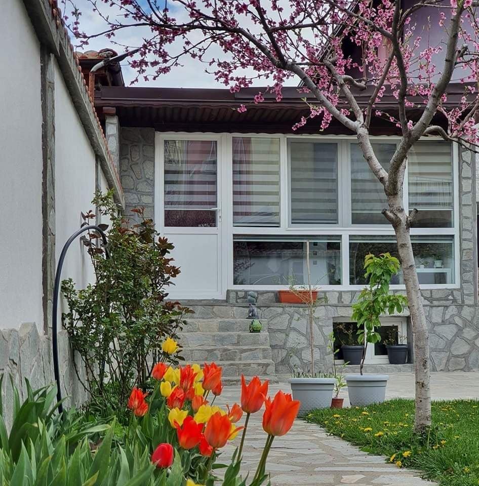 A charming exterior view of the property showcases a stone façade complemented by a colorful garden. Vibrant red and yellow tulips line the pathway, while a tree with pink blooms adds a touch of natural beauty. Potted plants are visible near the entrance.