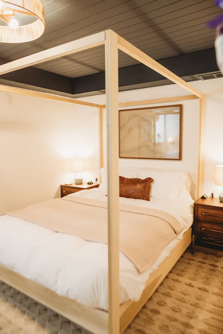 The second basement bedroom is cool and calming, inspired by the Pacific Ocean coastline.