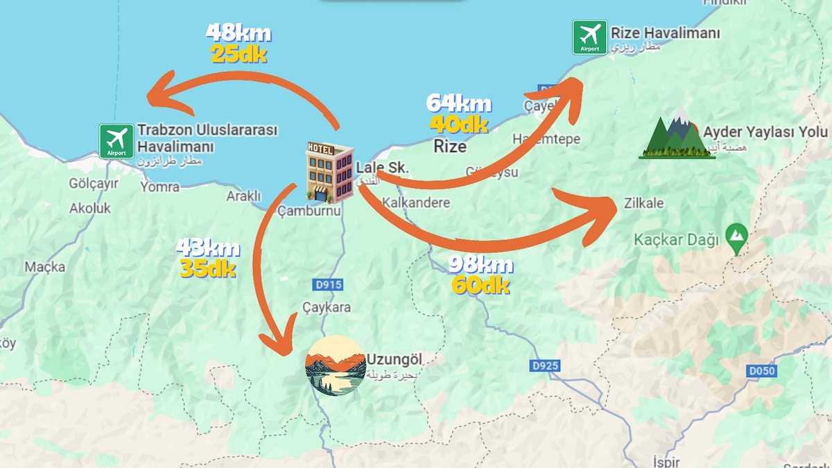 A map illustrating the distances and travel times from various points of interest, including Trabzon Airport, Uzungöl, and Rize. Key locations are marked clearly, with directional arrows indicating routes and distances in kilometers and estimated driving times.