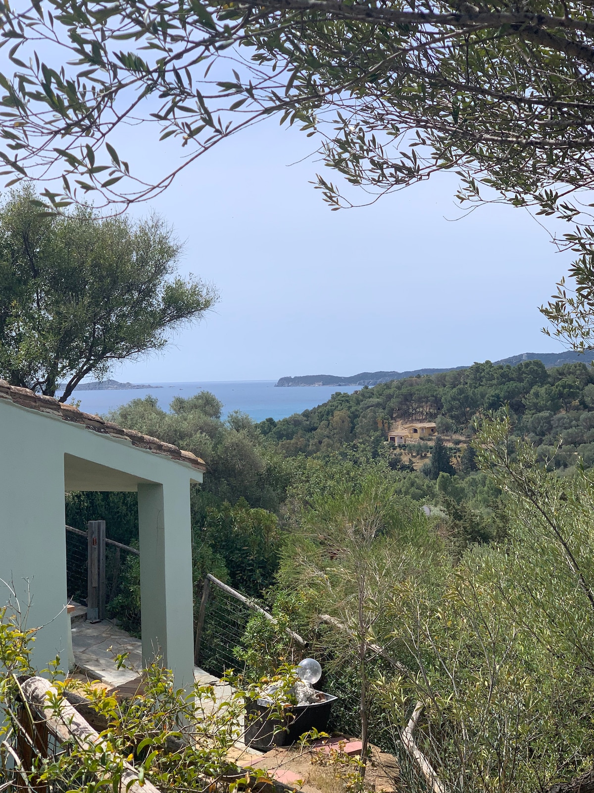 A serene view showcases rolling green hills leading down to the coastline. The ocean is visible in the distance, framed by lush vegetation. An outdoor area is partially seen, with natural elements and a glimpse of the building's corner.