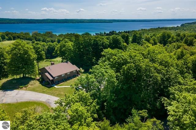Aerial view of the property surrounded by lush greenery, with a spacious home positioned at the edge of the forest. The expansive blue waters of Torch Lake are visible in the background, framed by rolling hills and mature trees under a clear sky.