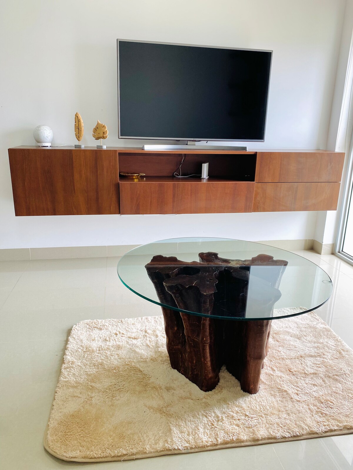 A modern living area features a mounted flat-screen television above a sleek wooden console. A glass-top coffee table is centered on a soft, light-colored area rug, adding warmth to the space. Natural light fills the room through large windows.