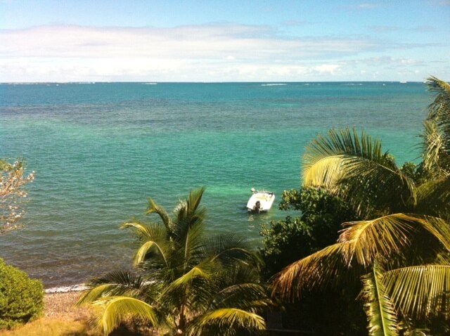 A serene coastal view features clear turquoise waters gently lapping against a rocky shore. Lush palm trees surround the foreground, framing a small boat anchored nearby. The sky is partly cloudy, showcasing a blend of blues and whites above the tranquil sea.