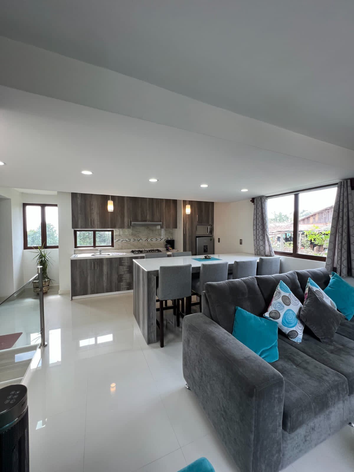 An open-concept living space includes a modern kitchen with sleek cabinetry and a spacious island with seating. A comfortable gray sofa, adorned with patterned cushions, faces large windows that allow natural light to illuminate the area. Potted plants are placed near the windows.