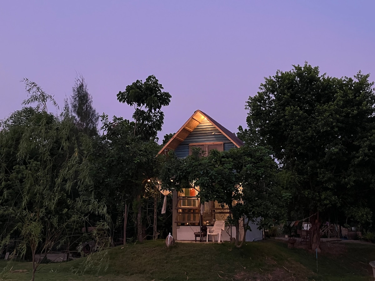 A charming cabin is nestled among leafy trees, with warm light illuminating its facade against a soft twilight sky. A small porch is visible, featuring minimalist seating that invites relaxation in a natural setting.