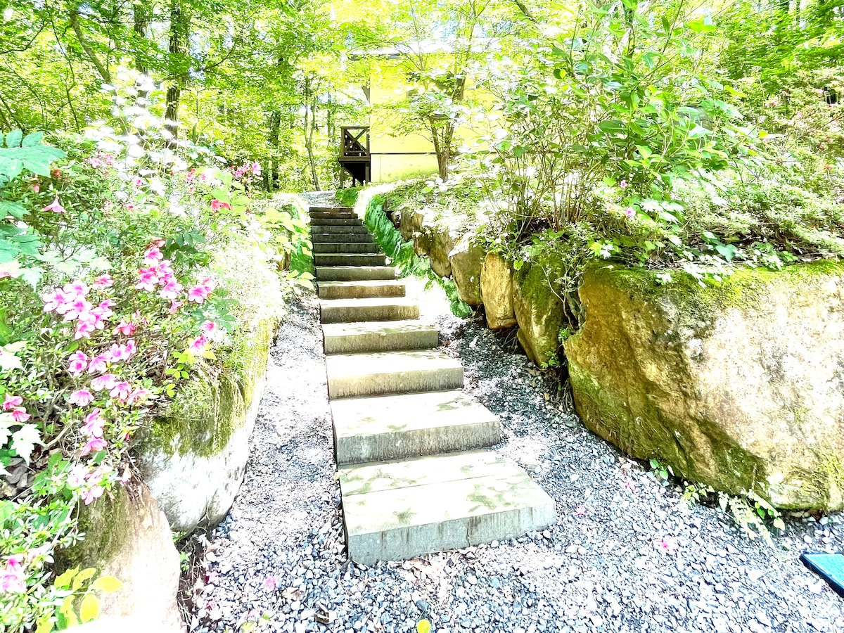 A stone path leads through a landscaped area, bordered by vibrant flowers and large rocks. Sunlight filters through the surrounding greenery, illuminating the steps that lead toward the elevated deck in the distance.
