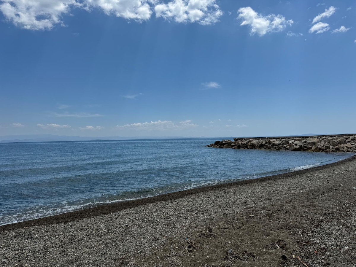 A serene beach scene is depicted, featuring gentle waves lapping against a pebbled shore. The sky is clear with a few scattered clouds, and distant land is visible along the horizon. Rocky formations are present on one side, adding to the coastal landscape.