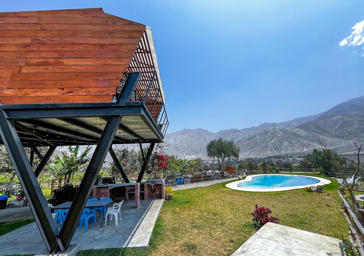 A modern two-story house with a striking wooden façade is set against a backdrop of mountains. A well-maintained garden surrounds a circular pool, complemented by light-colored outdoor furniture. The area is bright under clear blue skies, offering a sense of openness and connection with nature.