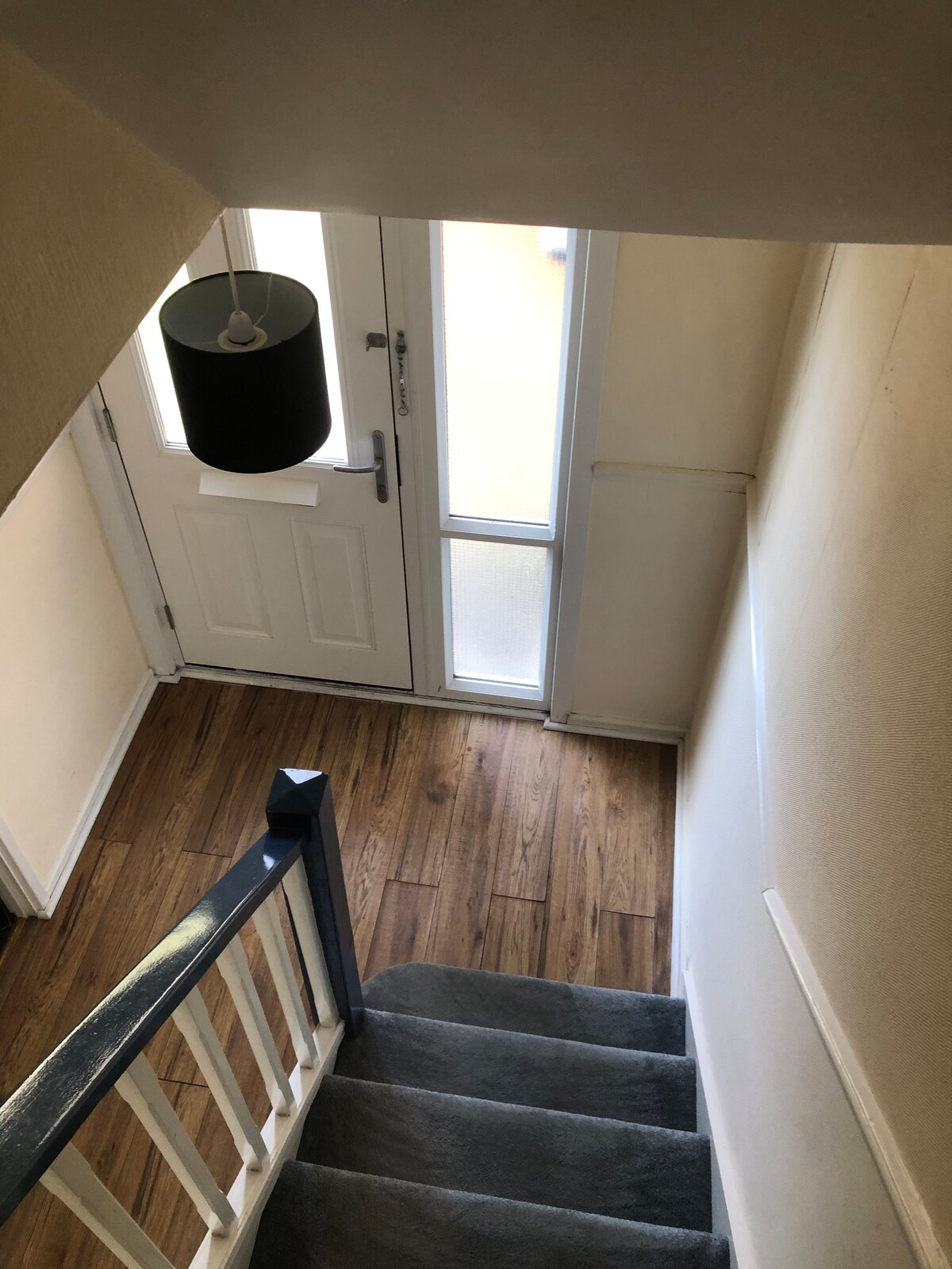 A well-lit entryway features a modern front door and a staircase with a blue handrail. Natural light enters through the glass panel beside the door. The floor is covered in warm wooden planks, and a simple black pendant light hangs from the ceiling.