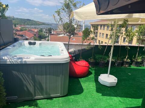 Outside spa full lake view