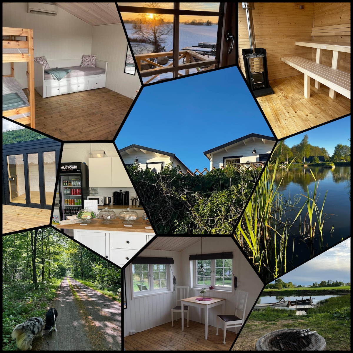 A collage of images showcases various aspects of the cabin experience. Features include a cozy sleeping area with a bunk bed, a tranquil view of water, a sauna with wooden benches, a kitchen with essential appliances, an inviting exterior, and scenic pathways for walking.