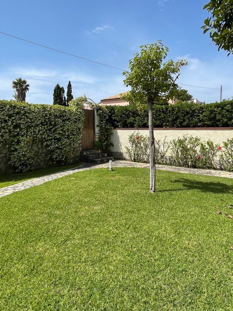 A lush, green garden features neatly trimmed grass and a small tree at its center. Flowering shrubs line the perimeter, with a stone pathway leading to an entrance gate visibly surrounded by greenery.