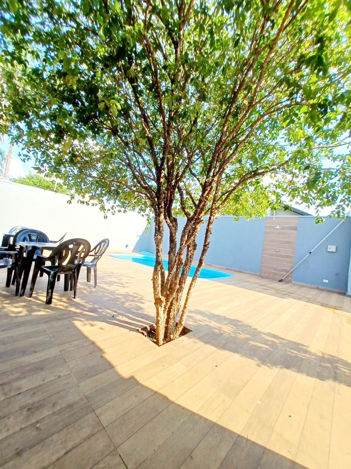 An outdoor area features a wooden deck surrounded by green foliage. A tree is positioned centrally, while a set of black chairs and a table is arranged nearby. In the background, a swimming pool is visible against a gray wall.