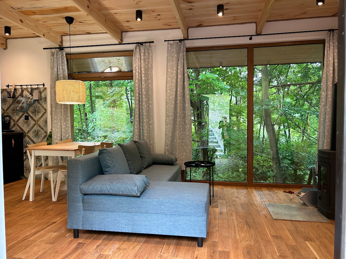 A spacious living area features a comfortable gray sofa and a small side table. Large windows provide a view of the surrounding greenery, allowing natural light to fill the space. A dining table is situated nearby, complemented by a woven light fixture overhead.