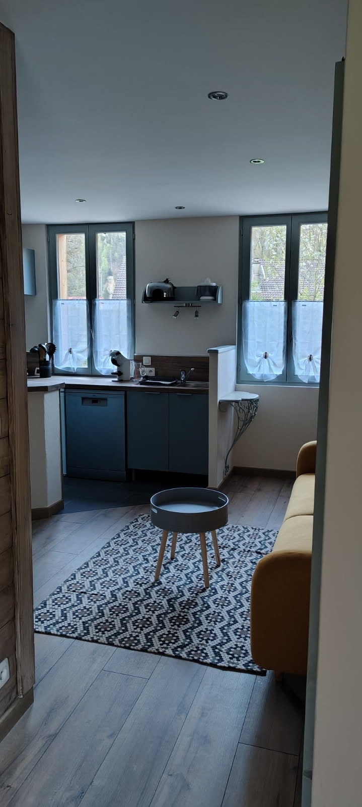 A compact kitchen is visible, featuring modern cabinetry and essential appliances. Natural light filters through two windows adorned with sheer curtains. A small round table sits in the center, complemented by a cozy sofa against the wall, enhancing the inviting atmosphere of the living space.